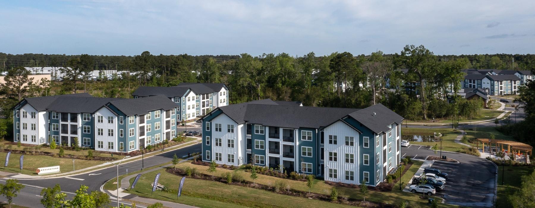 a row of apartment buildings